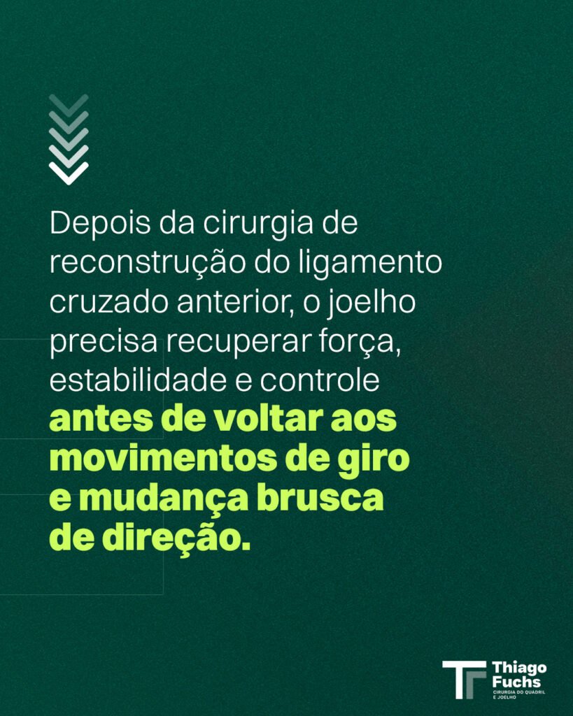 Depois da cirurgia de reconstrução do ligamento cruzado anterior, o joelho precisa recuperar força, estabilidade e controle antes de voltar aos movimentos de giro e mudança brusca de direção.