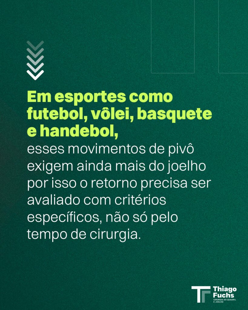 Em esportes como futebol, vôlei, basquete e handebol, esses movimentos de pivô exigem ainda mais do joelho, por isso o retorno precisa ser avaliado com critérios específicos, não só pelo tempo de cirurgia.